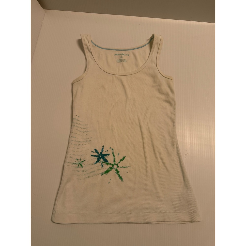 Eddie Bauer Womens White Ribbed Tank Top Graphic Print Teal Green Size S